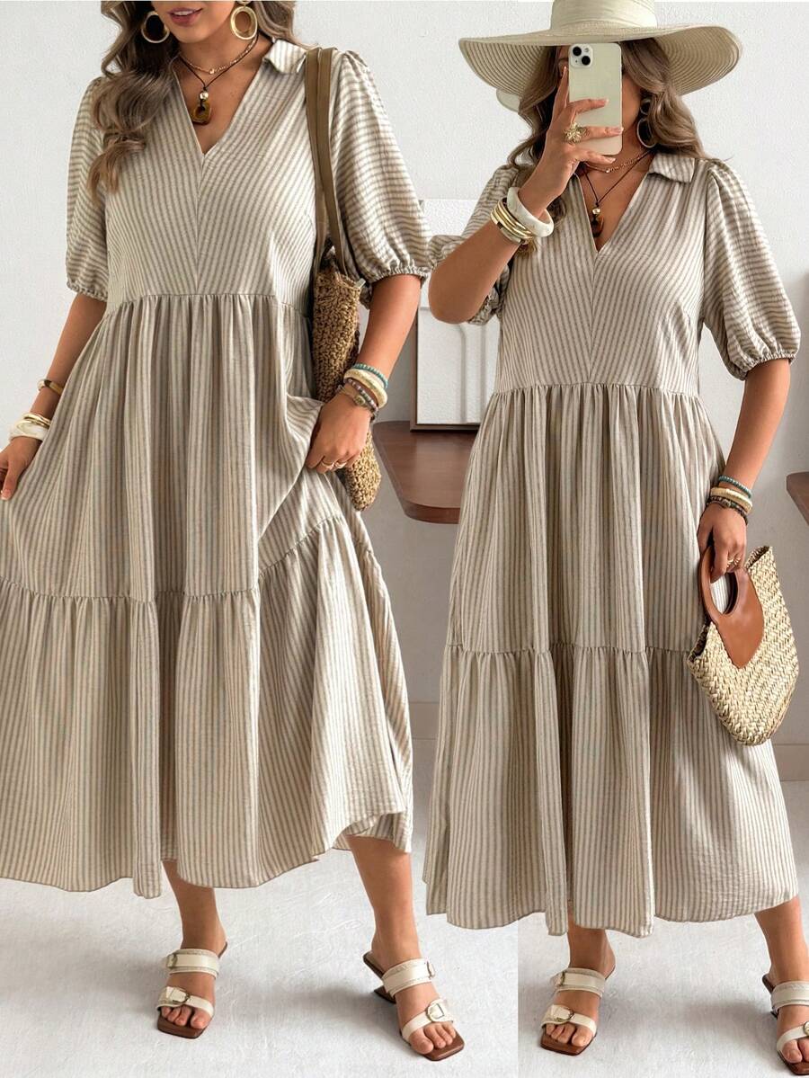 Ceyna Vestido corto de manga corta con cuello en V, estilo casual, a rayas y lunares, vestido de picnic para mujer, ropa de resort, vestido casual de verano a rayas y midi, vestido de verano estilo prairie, vestidos de verano para mujer, vestido con volantes, vestido casual con cuello en V para mujer - Caqui - Ver 1
