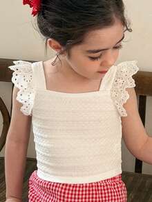 LMoss Kids White Casual Vacation Home Patchwork Embroidery Lace Trim Fitted Short T-Shirt,Kids - White - View 3