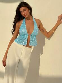 Aloruh Áo hai dây cổ yếm đính sequin hở lưng gợi cảm kiểu Bohemian dành cho nữ, thích hợp cho các lễ hội âm nhạc mùa hè. - Màu xanh lam - Xem 5