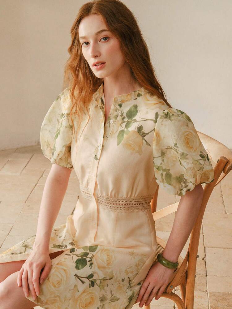 WOMEN'S FLORAL PRINT PUFF SLEEVE DRESS