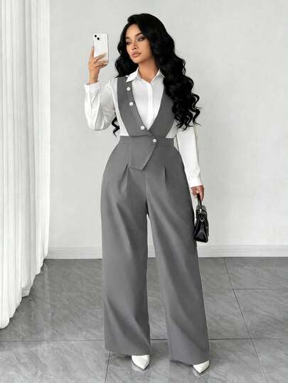 SHEIN Tall CURVE 大码时尚女装新款休闲深V领前中多扣不对称下摆无袖连体裤，适合春夏、返校、度假、毕业典礼、节日、情人节、圣诞节、音乐节、母亲节、万圣节、感恩节、复活节、国庆节、舞会、约会、派对、婚礼、户外活动等场合。