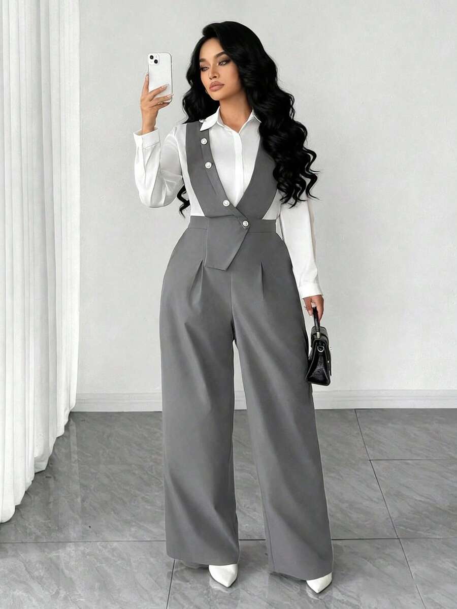 SHEIN Tall CURVE Bộ jumpsuit không tay cổ chữ V sâu, nhiều cúc phía trước, vạt áo bất đối xứng, thời trang dành cho nữ cỡ lớn, phù hợp cho mùa xuân/hè, đi học, nghỉ lễ, tốt nghiệp, các ngày lễ, Ngày Valentine, Giáng sinh, lễ hội âm nhạc, Ngày của Mẹ, Halloween, Lễ Tạ ơn, Lễ Phục sinh, Ngày Quốc khánh, khiêu vũ, hẹn hò, tiệc tùng, đám cưới, các hoạt động ngoài trời. - Xám - Xem 1