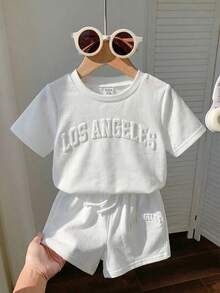 2 pezzi/set Completo casual per bambini maschi composto da maglietta a maniche corte comoda, di stile minimalista e versatile, e pantaloncini a contrasto, adatto per uso quotidiano, scuola, uscite, sport, primavera/estate - Beige - Visualizzare 6
