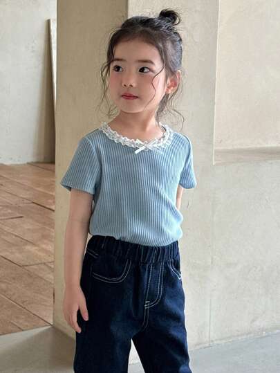 DAZY Toddler Girls' Round Neck Lace Patchwork Korean Style Bow Long Sleeve T-Shirt