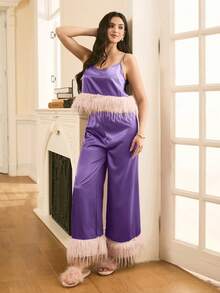 成熟优雅的法式吊带睡衣套装 - 紫色 - 查看 3