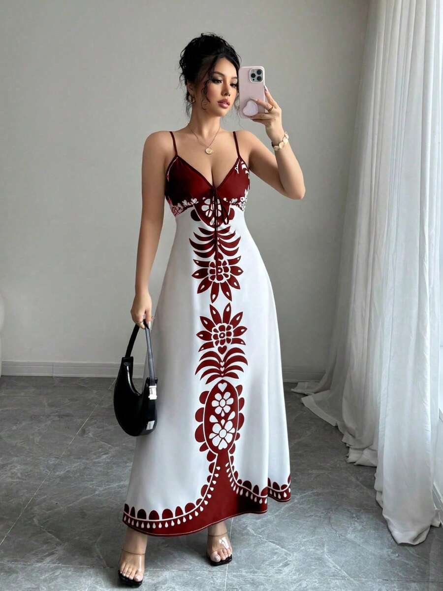 Rafferiza Petite 印花V领性感宽松吊带连衣裙 - 紅白色 - 查看 1