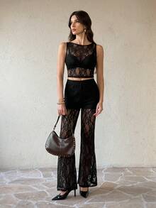 SHEIN Tall Black Top + Pants Set Lace Blouse + High-Waisted Flare Lace Knit Pants, Women 2-Piece Set Black Mesh Sheer Lace Jacquard Sexy Party 2-Piece Outfit For Women - Black - View 1
