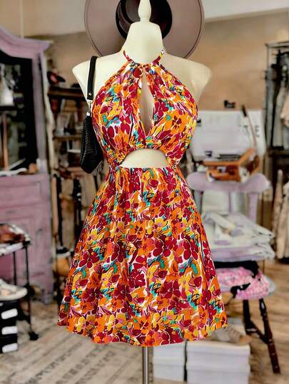 GlowEve Women's Elegant Sleeveless Fitted Flared Mini Dress With Hollow Design, Bow Tie Straps, Spring/Summer