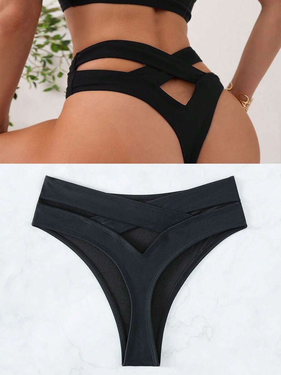 Swim SXY Crisscross Cut Out Bikini Bottom,Summer Beach - Black - View 1