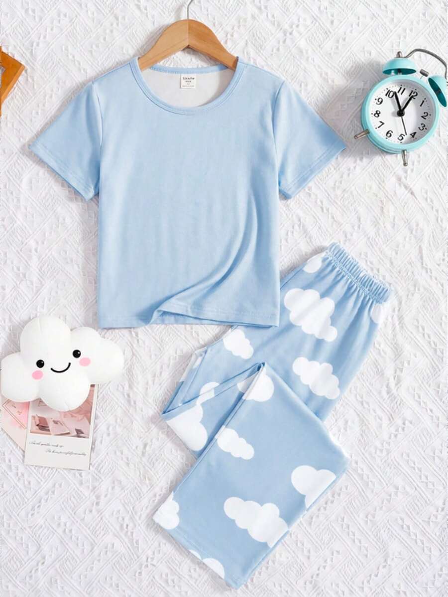男婴云朵印花短袖上衣和裤子睡衣套装，休闲时尚，春秋季 - 藍色 - 查看 1