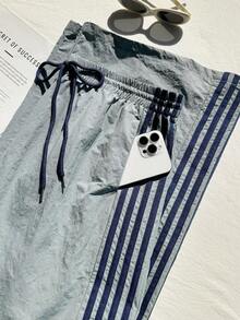 Comfortcana Woven Fabric Plus Size Blue Straight Leg Pants With Strips And Drawstring Waists - Blue - View 3