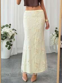 Aloruh 优雅浪漫刺绣网纱拼接半身裙，适合婚礼、约会、情人节等场合，低腰刺绣鱼尾长裙，优雅假日裙 - 杏色 - 查看 7