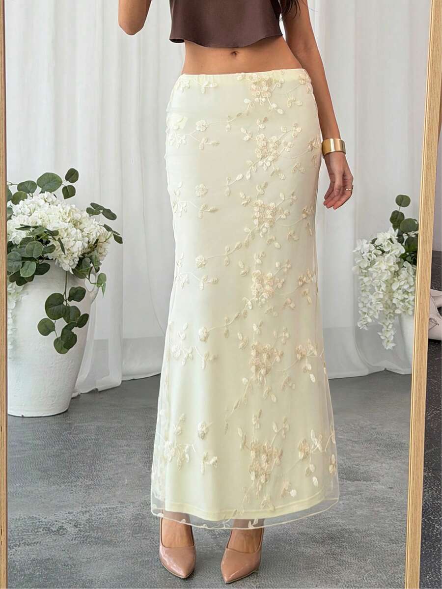 Aloruh Chân váy lưới thêu họa tiết lãng mạn, thanh lịch, thích hợp cho đám cưới, hẹn hò, ngày Valentine, chân váy dài dáng đuôi cá cạp thấp thêu họa tiết, chân váy duyên dáng cho các dịp lễ hội.