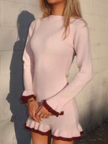 Sydney Algeri Váy len viền nhún bèo thời trang dành cho nữ, thích hợp cho các buổi hẹn hò và kỳ nghỉ - Màu Hồng baby - Xem 3