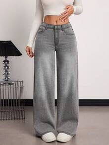 SHEIN Tall Jeans rectos de tela vaquera lavada gris, cómodos, de pierna ancha y bolsillos, versátiles para mujer en verano y primavera
