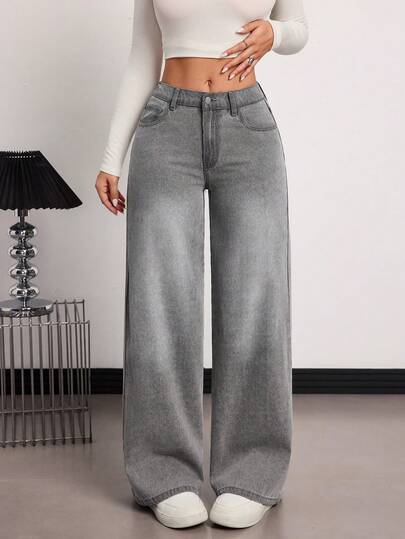 SHEIN Tall Jeans rectos de tela vaquera lavada gris, cómodos, de pierna ancha y bolsillos, versátiles para mujer en verano y primavera