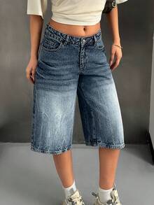 EURMUSE 女士带口袋阔腿宽松休闲百搭牛仔百慕大短裤 - 中等水洗藍 - 查看 5