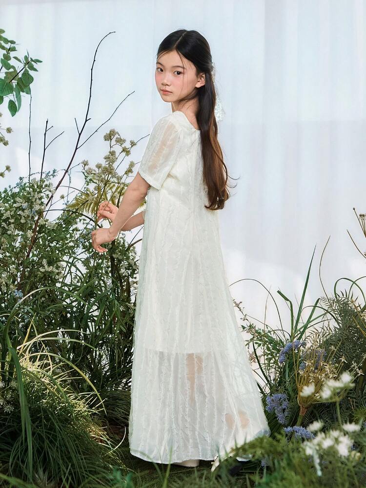 DAZY Tween Girls Crew Neck Textured Short Sleeve Midi Dress - Beige - View 2