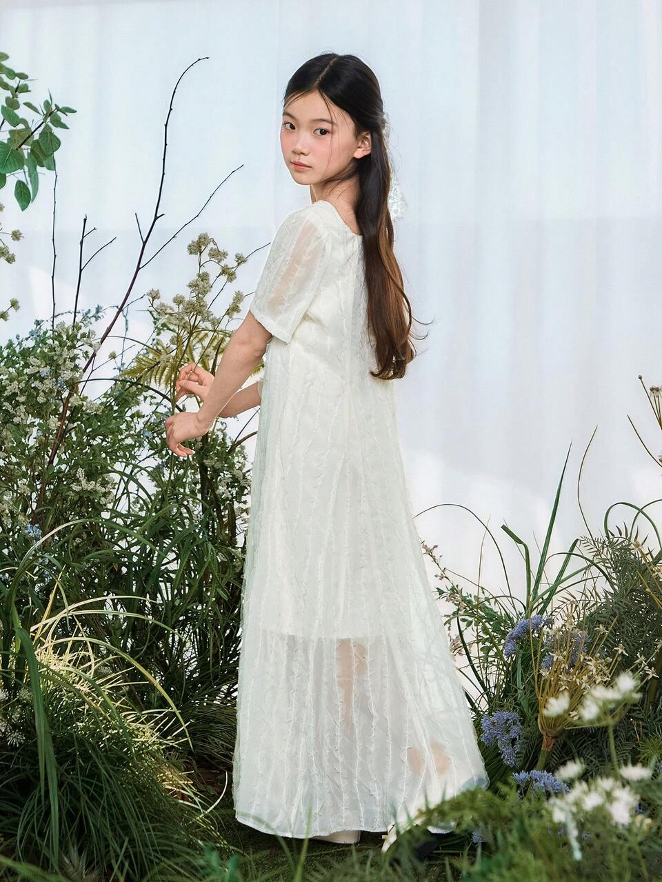 Tween Girls Crew Neck Textured Short Sleeve Midi Dress