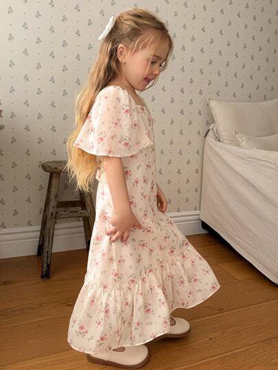 DAZY Vestido lindo con cuello cuadrado, mangas abullonadas y volantes en el bajo para niña con estampado floral diminuto