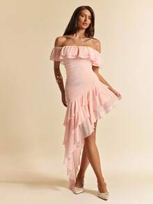 SHEIN BAE Đầm ôm sát màu hồng trễ vai, xếp ly, vạt bất đối xứng, thích hợp cho tiệc cocktail, hẹn hò lãng mạn, họp mặt, sự kiện trang trọng, đầm phù dâu, trang phục dạ hội, ngày Valentine, đầm mùa hè, bữa ăn sáng muộn, kỳ nghỉ biển. - Hồng - Xem 1