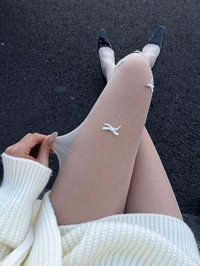 DAZY Women's Fashion Rhinestone Bow Decor Mesh Leggings Y2k