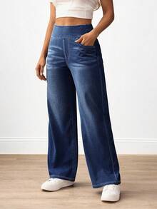 Flexra 大码女式休闲通勤百搭高腰舒适系带斜口袋直筒牛仔裤