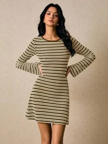 Poéselle Women's Casual Everyday Commute Full Print Flare Sleeve Waist Cinched Dress, Spring/Autumn - Brown - View 2