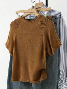 INAWLY Classic Short Sleeve Crew Neck Knit Top - Brown - View 2