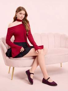 CUCCOO DOLLMOD Sepatu Flat Mary Jane Klasik Nyaman Berwarna Burgundy Velvet untuk Wanita, Sepatu Musim Semi yang Elegan & Modis - Burgundy / Coklat - View 6