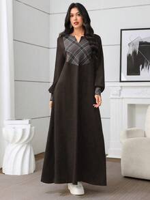 Al Najma New Autumn Vintage Contrast Color Plaid  Casual Dress - Coffee Brown - View 3