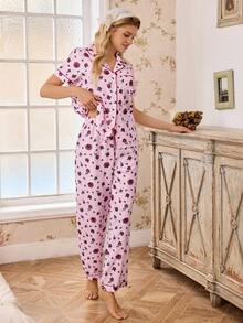 SHEIN 两件套女士印花翻领睡衣套装 - 粉色 - 查看 6