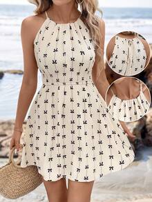 Sylviya 女士休闲蝴蝶结领无袖迷你连衣裙，夏季日常装 - 杏色 - 查看 5