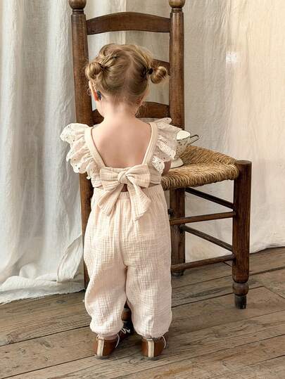 LMoss Kids 女婴纯色方领荷叶边休闲连体衣