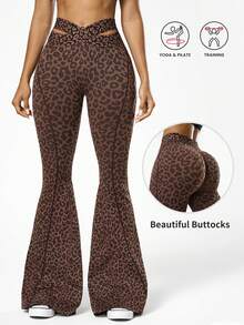 Easithlete 1件装女士无缝性感豹纹交叉腰部轮廓紧身裤，适合瑜伽、健身、舞蹈、体操 - 咖啡棕 - 查看 1