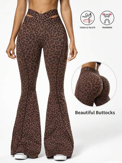 Easithlete 1pc Women's Seamless Sexy Leopard Print Criss-Cross Waist Contour Line Leggings, Suitable For Yoga, Fitness, Dance, Gymnastics Brown Leggings Leopard Print Workout Leggings Flared Leggings Leopard Pants