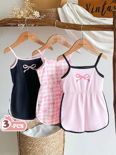 SHEIN Vintaside Kids 3pcs/Set Baby Girls' Minimalist Butterfly Print Solid Color Ribbed Sleeveless Romper With 3D Bow Decor, Summer Casual Outfit