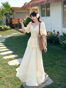 DAZY Women's V-Neck Lace Puff Sleeve Korean Style Lace Ruffle Hem Chiffon Mini Skirt Elegant 2-Piece Set - Apricot - View 5