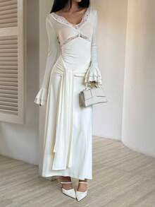 Livesso Đầm trắng dáng xòe tay bồng phối ren rỗng, eo xếp ly, thanh lịch cho mùa xuân hè, thích hợp cho ngày Valentine, đám cưới, tiệc tùng, các dịp trang trọng, thời trang, dáng ôm, đầm đi làm. - Màu be - Xem 2