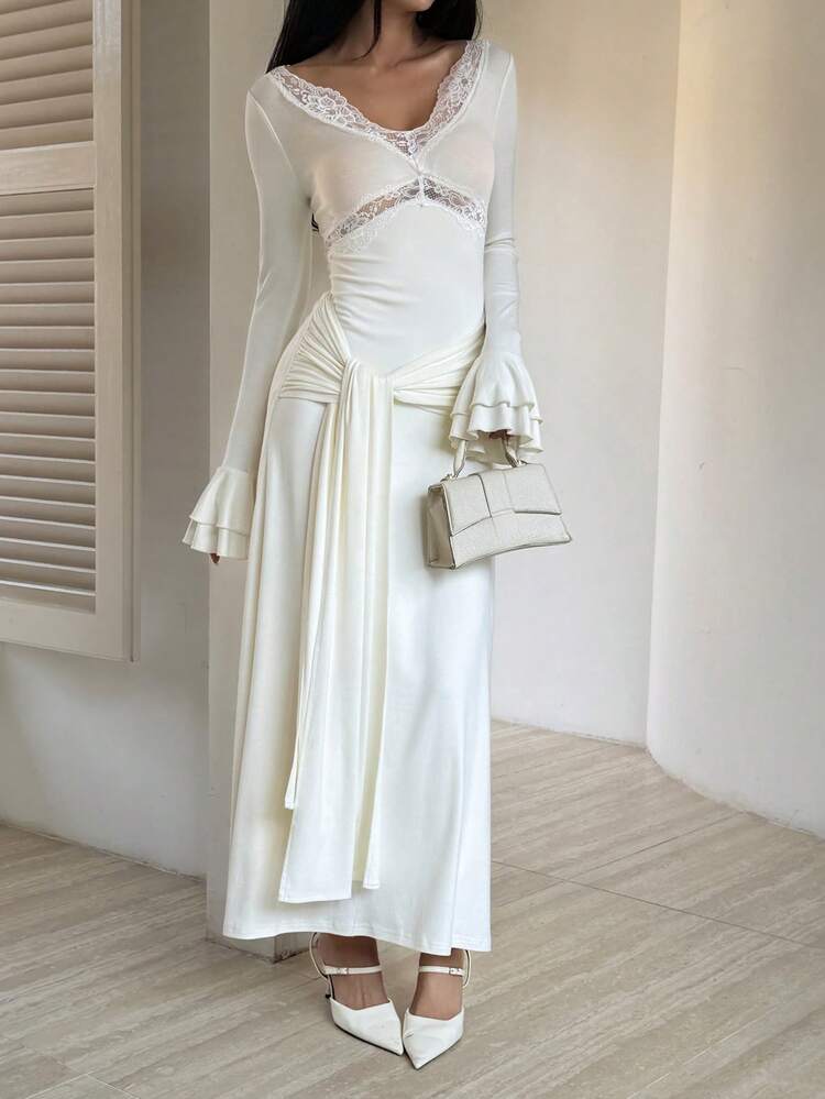 Spring & Summer Hollow Lace Patchwork Flare Sleeve, Ruffle Cinched Waist Waist White Dress, Elegant For Valentine's Day, Wedding, Party, Formal Occasion, Fashion, Slim Fit, Commute Sundress
