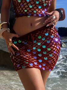 Opulessa Minigonna elegante lavorata a maglia con paillettes e rete, adatta per vacanze al mare, casual, vacanze estive, vacanze per donne, elegante, uscite, feste, spiaggia per donne, vacanze estive, carnevale - Bordò - Visualizzare 4