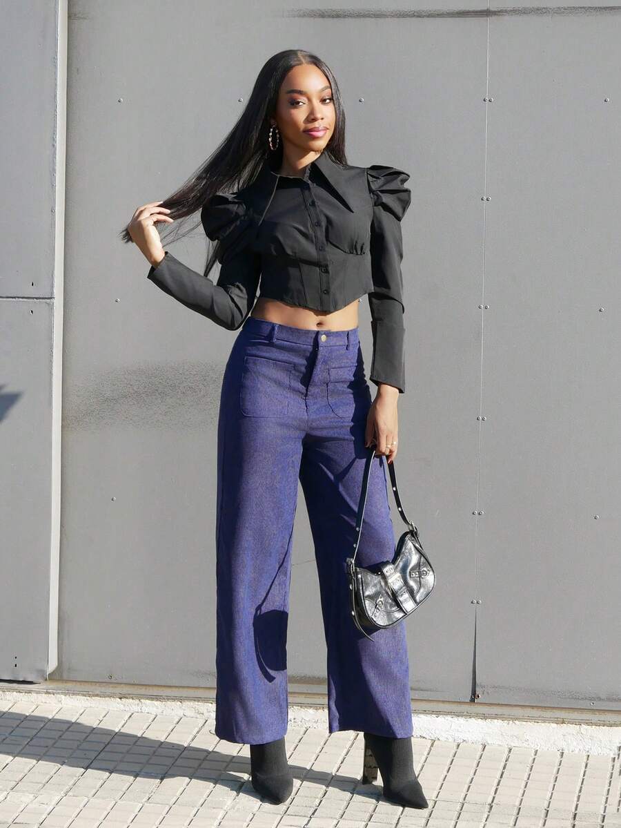 Yess Loren 纯色直筒蓝色贴袋裤