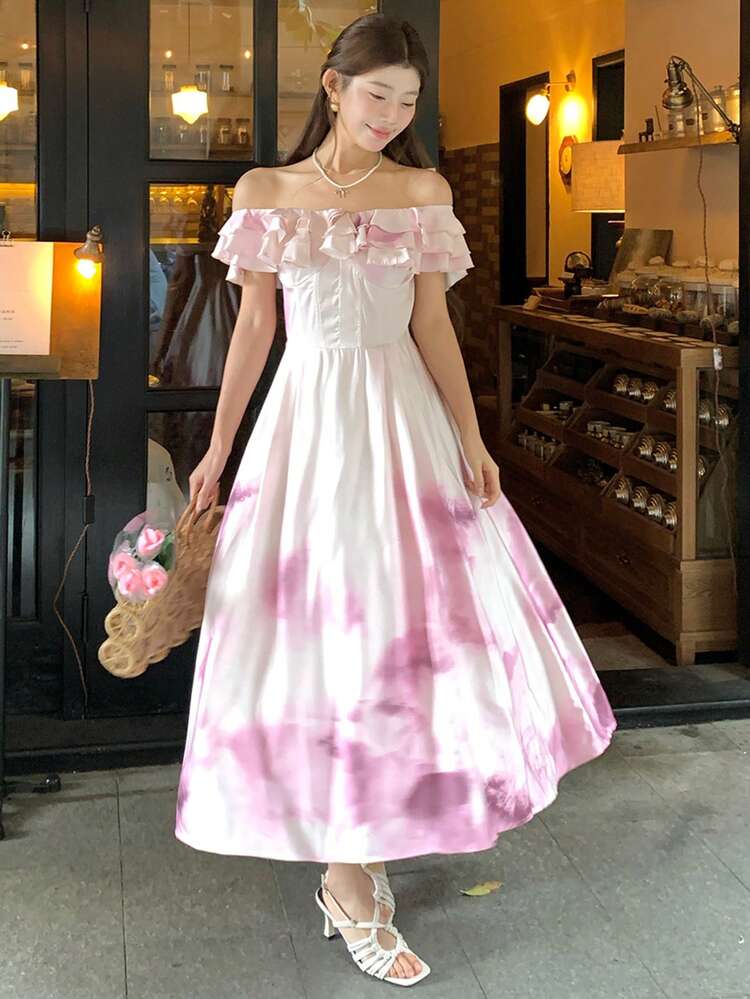Women's Off-Shoulder Korean Style Ruffle Ombre Casual Mid-Length Dress Summer Maxi Dress Sundress