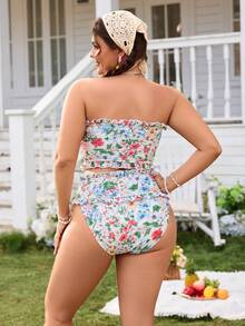 Swim Mod Plus Size Women Floral Print Bandeau Swimsuit Set, Suitable For Beach Vacation, Spring/Summer - Multicolor - View 2