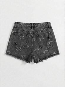 GlowEve 女士休闲做旧蝴蝶结印花牛仔短裤，夏季 - 黑色 - 查看 2