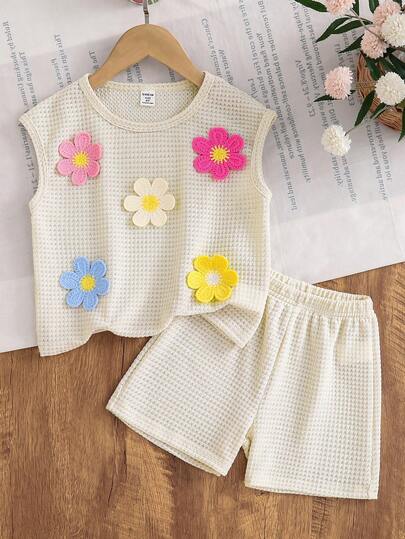 女童休闲舒适圆领3D立体花卉装饰短袖T恤短裤套装，女童服装，新款