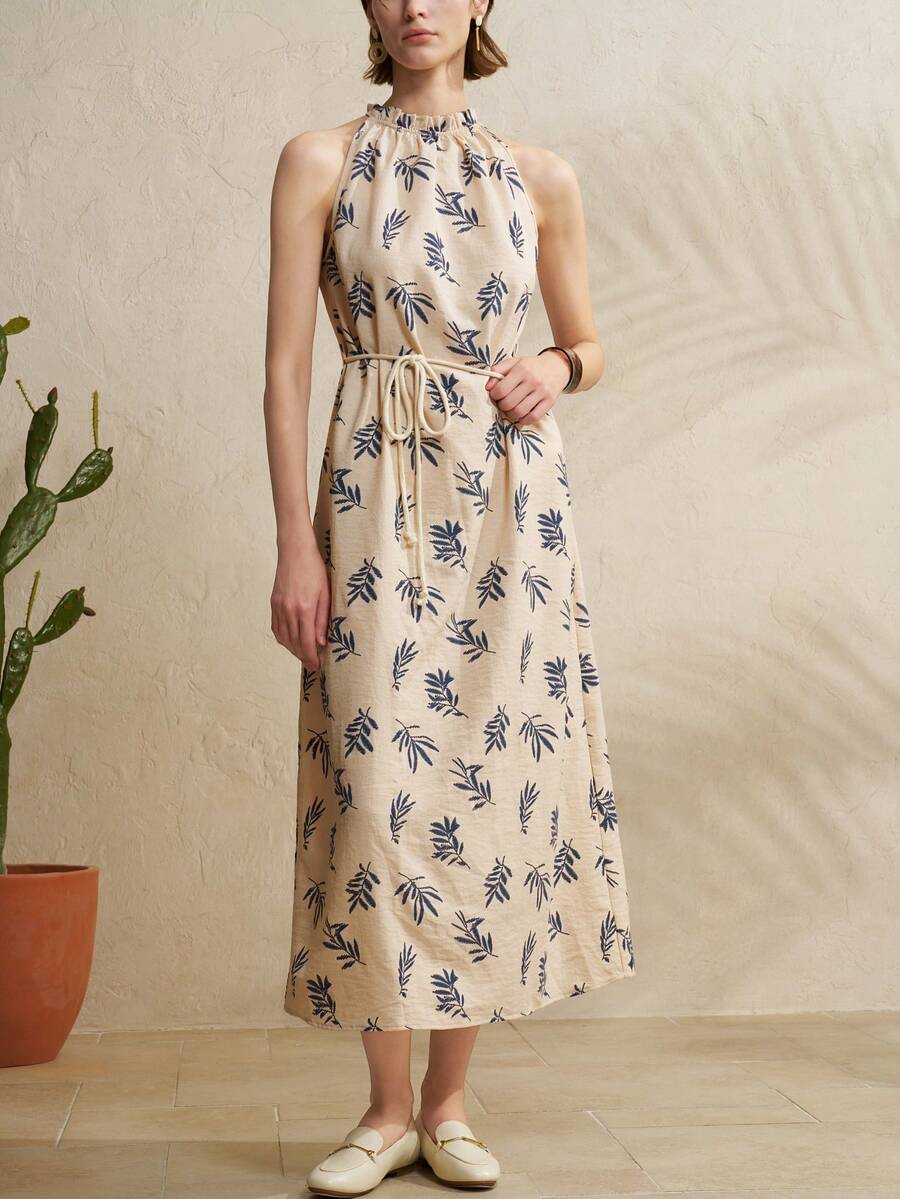 Airaco Đầm linen cổ yếm in họa tiết cây cỏ dành cho nữ - Màu be - Xem 1