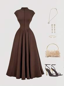 SHEIN MOD Women's Brown High Neck Long Knit Dress,Valentine's Day,Wedding,Elegant Dresses,White Dress,Wedding Guest Dress For Women, Spring/Summer Outfits, Tea Party Outfit Women, Holidays, Birthday - Brown - View 2