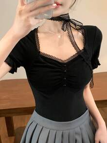 FRIFUL Women's Solid Color Contrast Lace Sweetheart Neck Short Sleeve Fitted Elegant T-Shirt Summer - Black - View 7