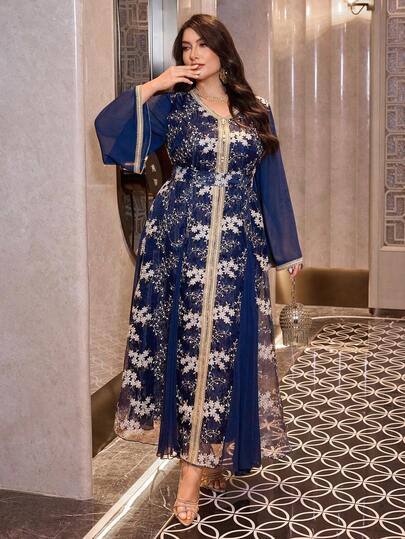 Layrah Plus Size Women's Embroidered Pleated Insert Long Sleeve Organza Dress, Loose Fit With Waist Belt, V-Neck, Elegant Embroidery, Arabic Turkish Style Maxi Dress